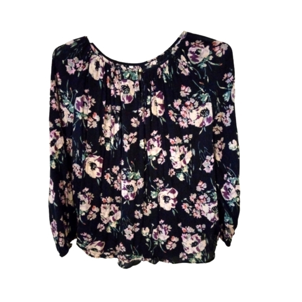 Dark Floral Print Peek a Boo Front Long Sleeved Peasant Tunic Style Top XL